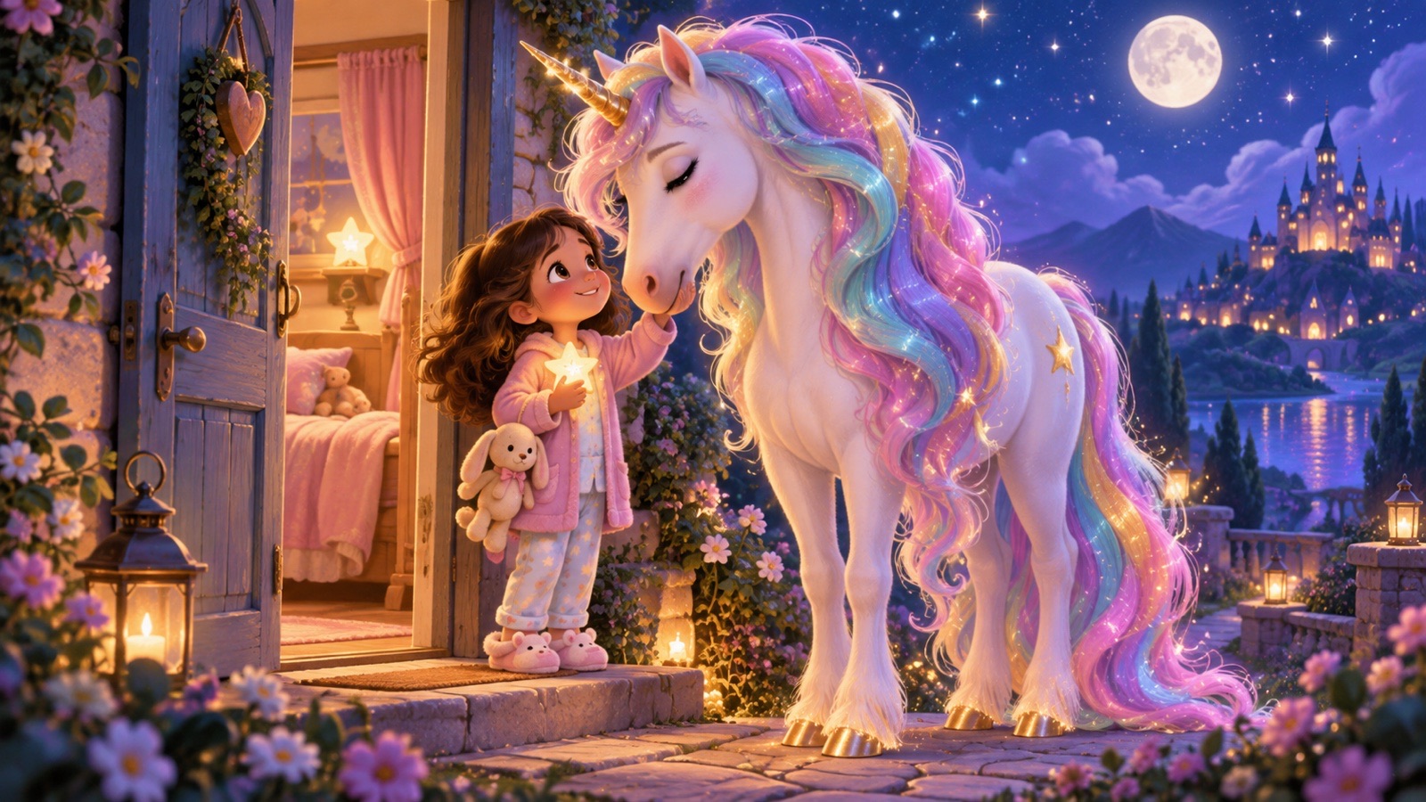 Bambina saluta con serenita insieme a un unicorno
