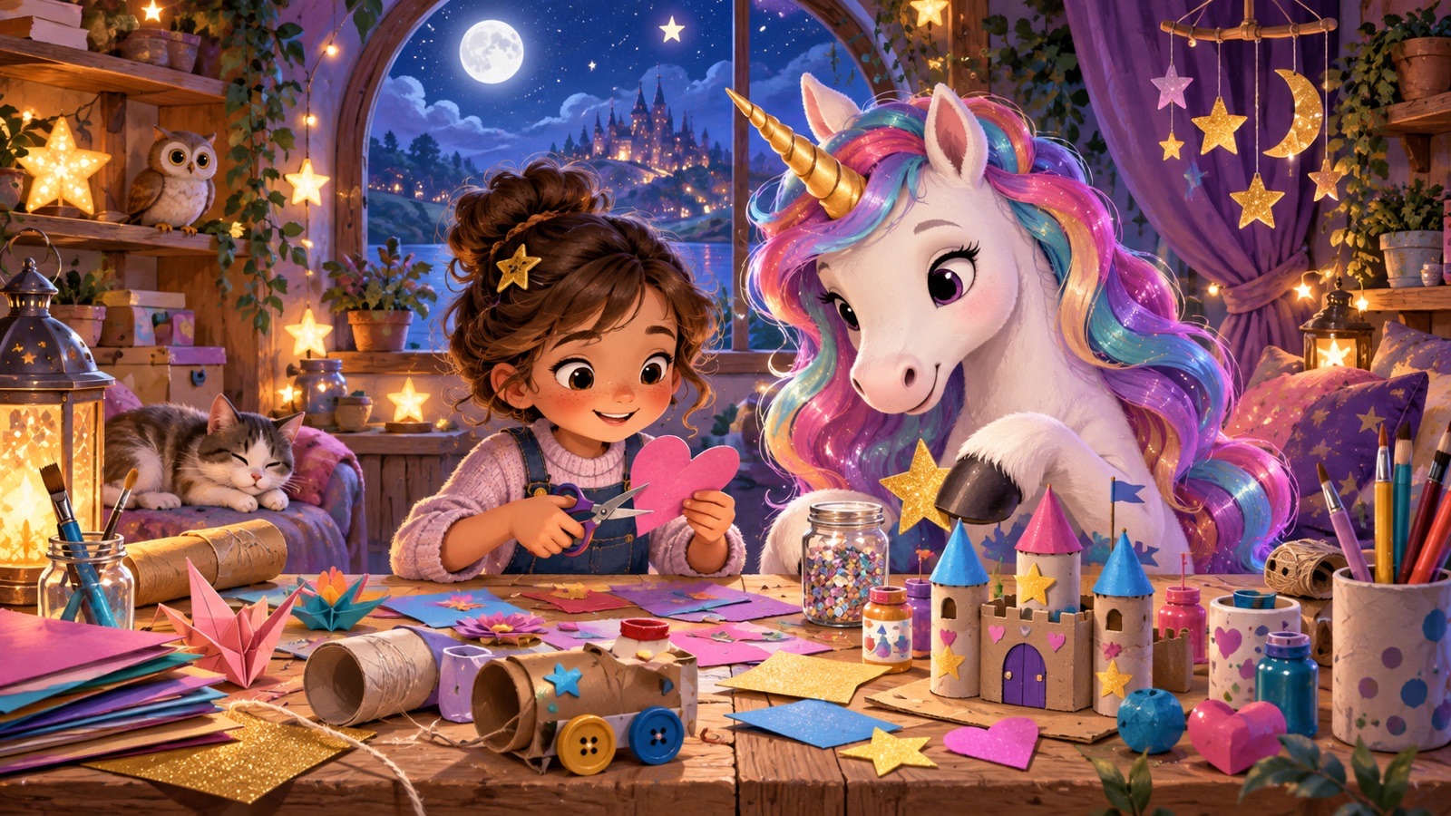 Bambina crea con carta e colori insieme a un unicorno