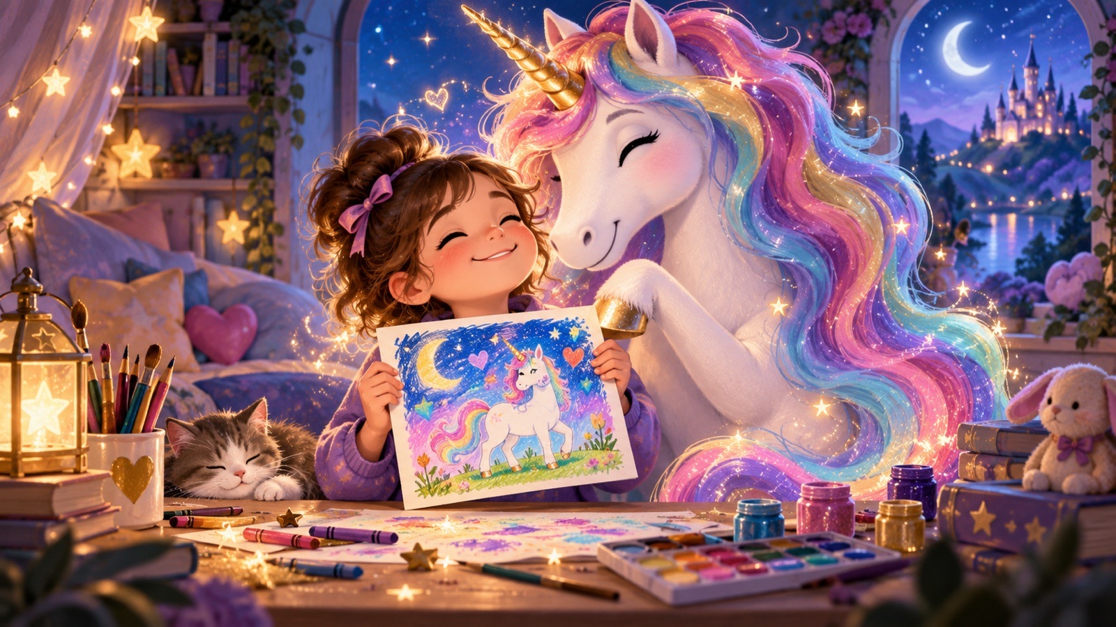 Bambina orgogliosa del suo disegno accanto a un unicorno