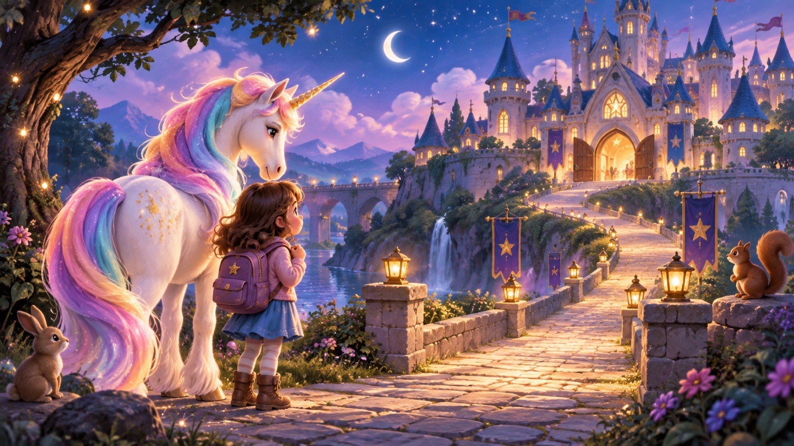 Bambina e unicorno davanti a una scuola accogliente