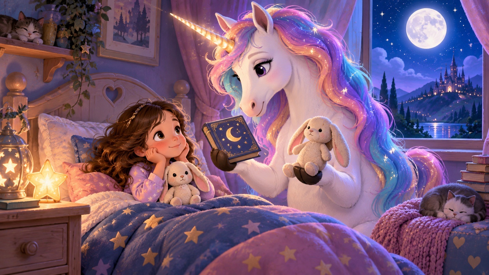 Bambina sveglia nel letto con un unicorno paziente