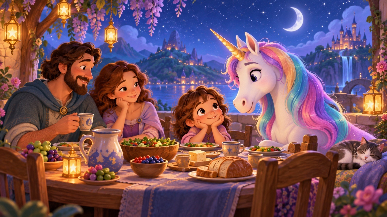Famiglia riunita a tavola con serenita e un unicorno