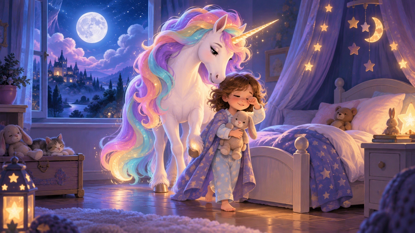Bambina assonnata accompagnata a letto da un unicorno