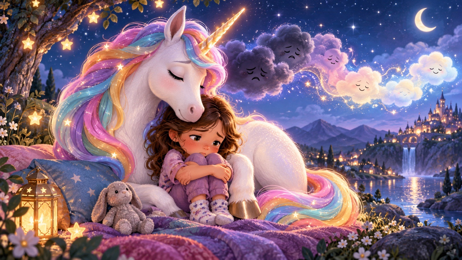 Unicorno consola una bambina sopraffatta dalle emozioni