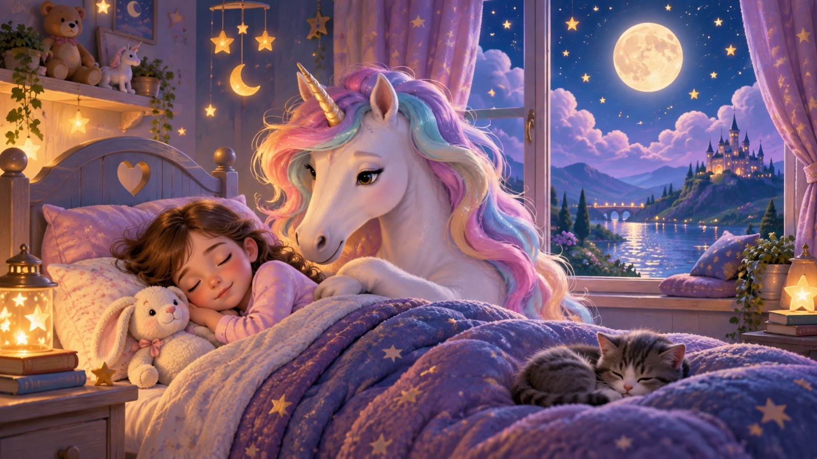 Bambina che dorme serena accanto a un unicorno
