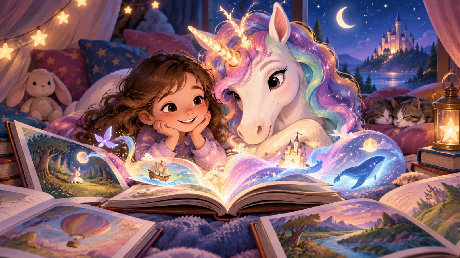 Bambina scopre mondi fantastici nei libri con un unicorno