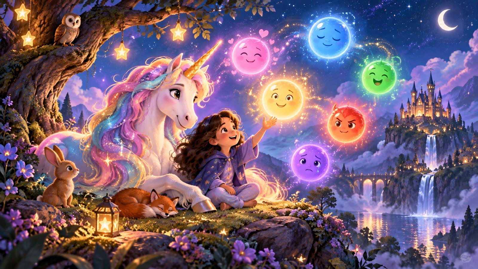 Bambina e unicorno esplorano emozioni colorate
