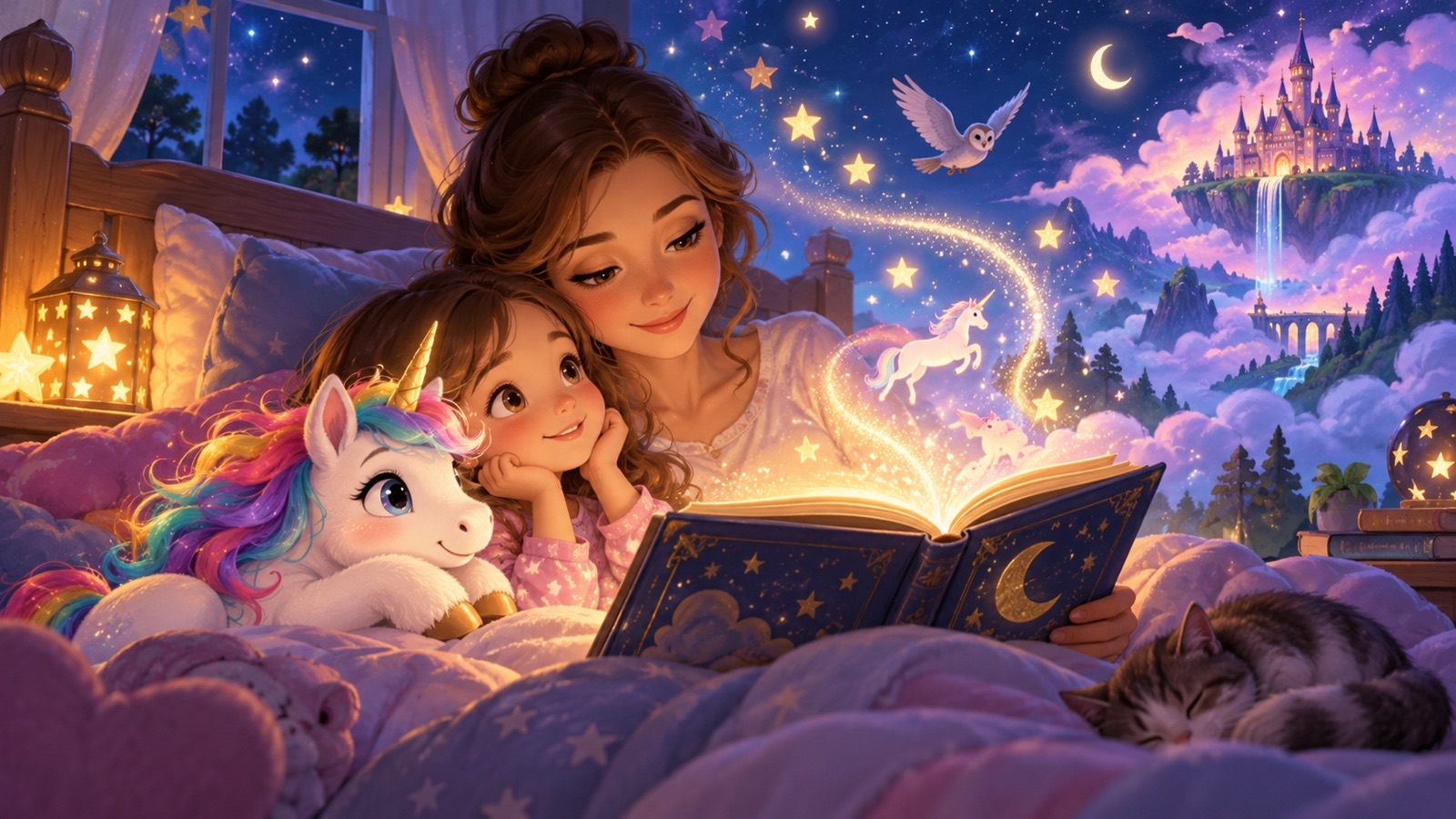 Mamma e bambina leggono una favola della buonanotte