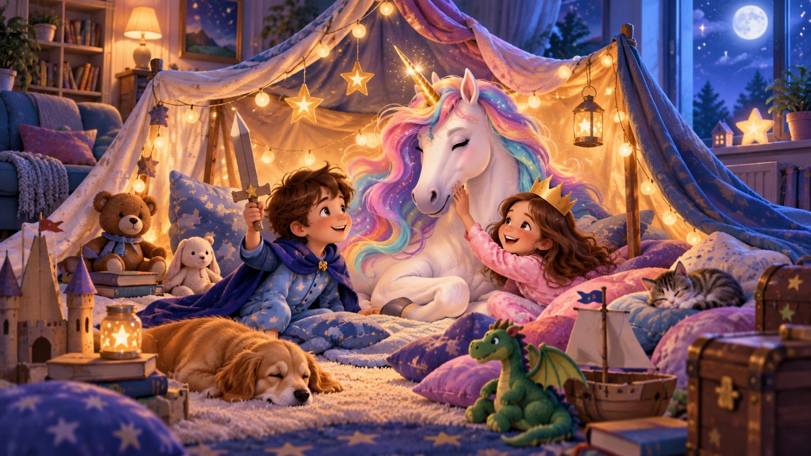 Bambini giocano in una capanna con un unicorno