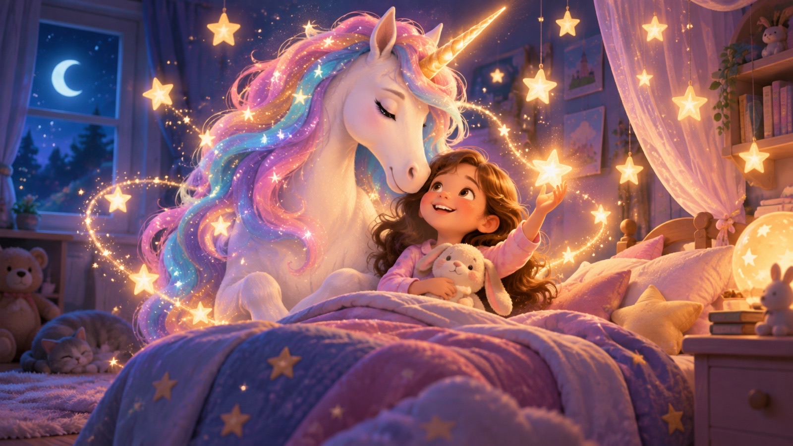 Bambina e unicorno illuminano la notte con stelle calde