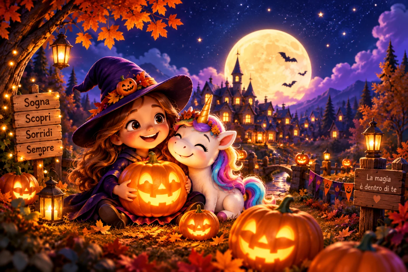 Bambina e unicorno in una magica notte di Halloween