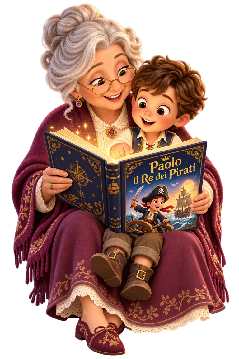 Una nonna e un bambino leggono la favola Paolo il Re dei Pirati